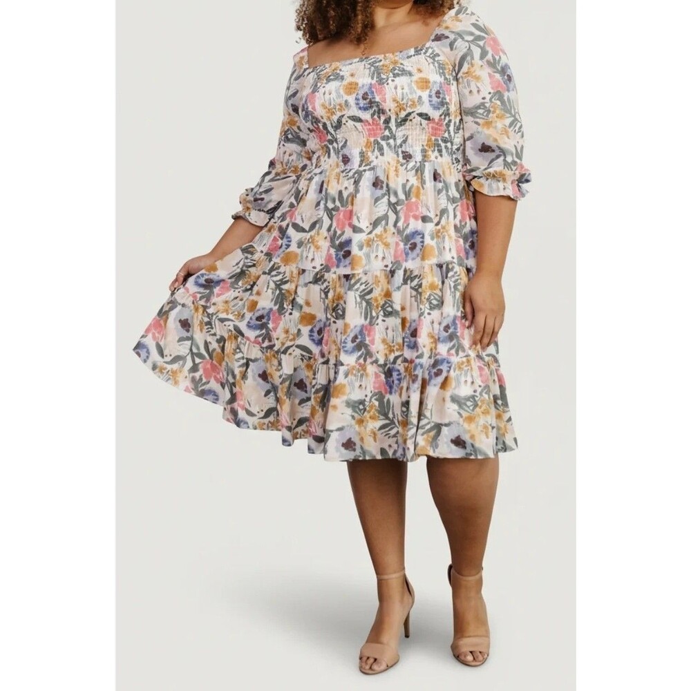 Baltic Born Marta Smocked Midi Dress Floral Tiered Boho Cottagecore Plus Sz XXL